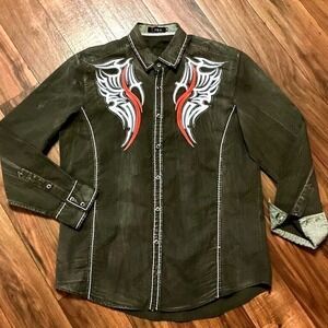 Toku Long Sleeve Button Down Embellished Western Shirt in Washed Brown XL